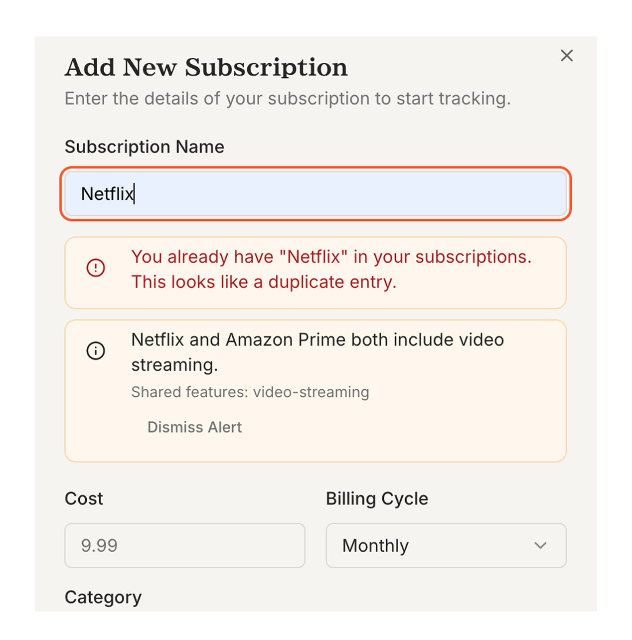 Countist detecting a duplicate Netflix subscription and Netflix/Amazon Prime overlap